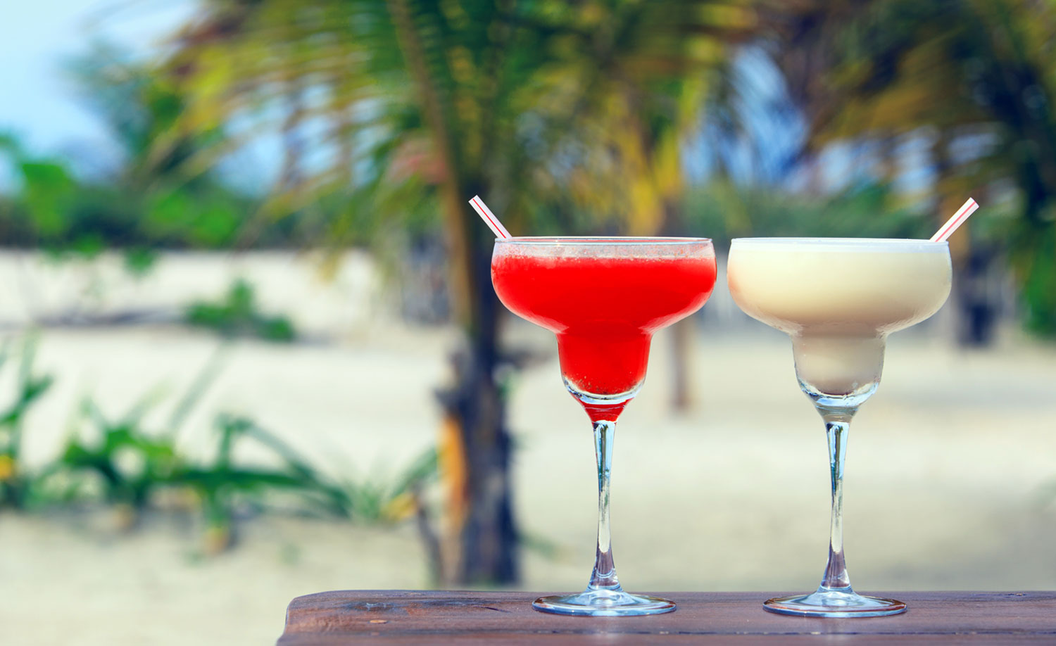 2 Frozen Margaritas on table with tropical background